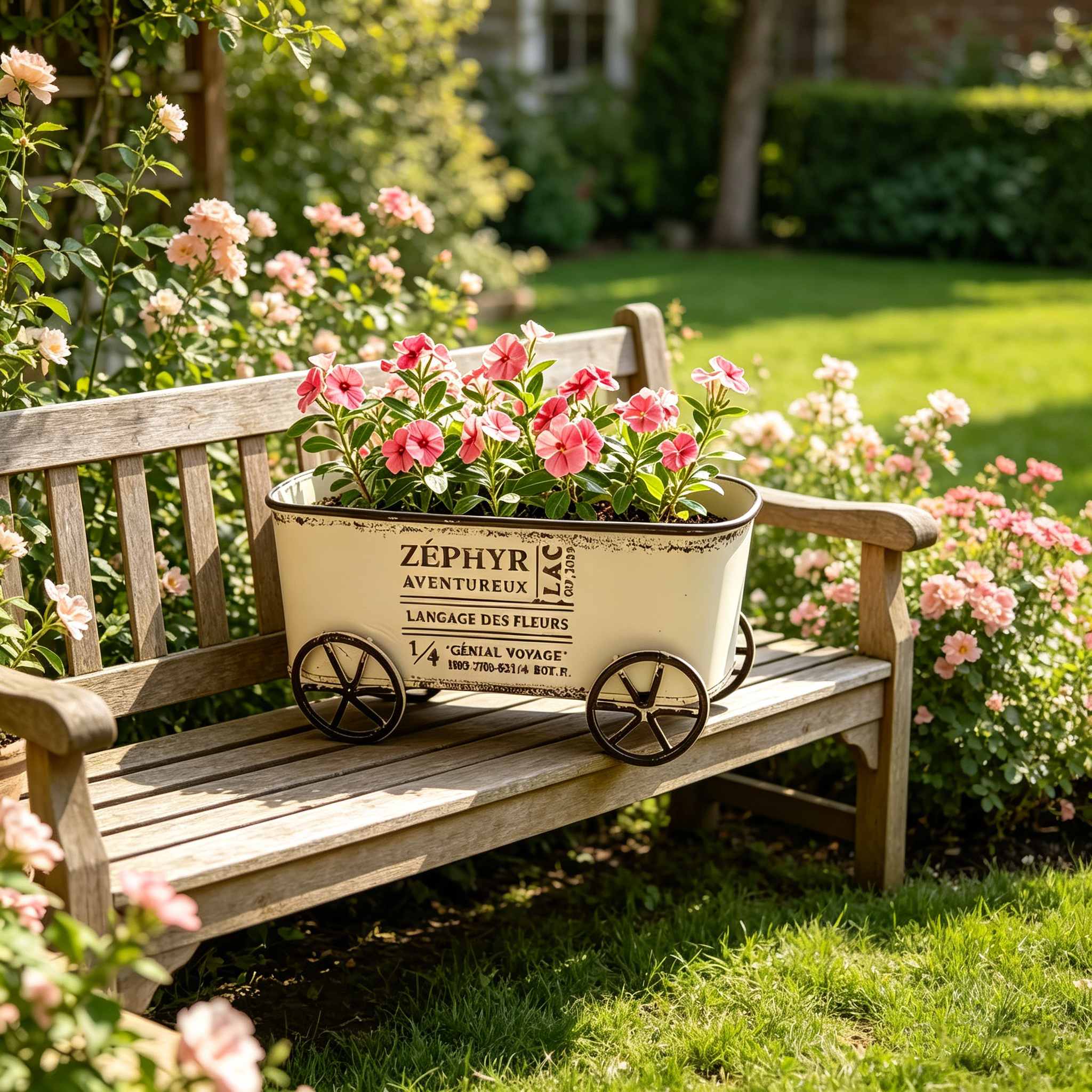 Retro Wrought Iron Four-Wheel Planter Cart