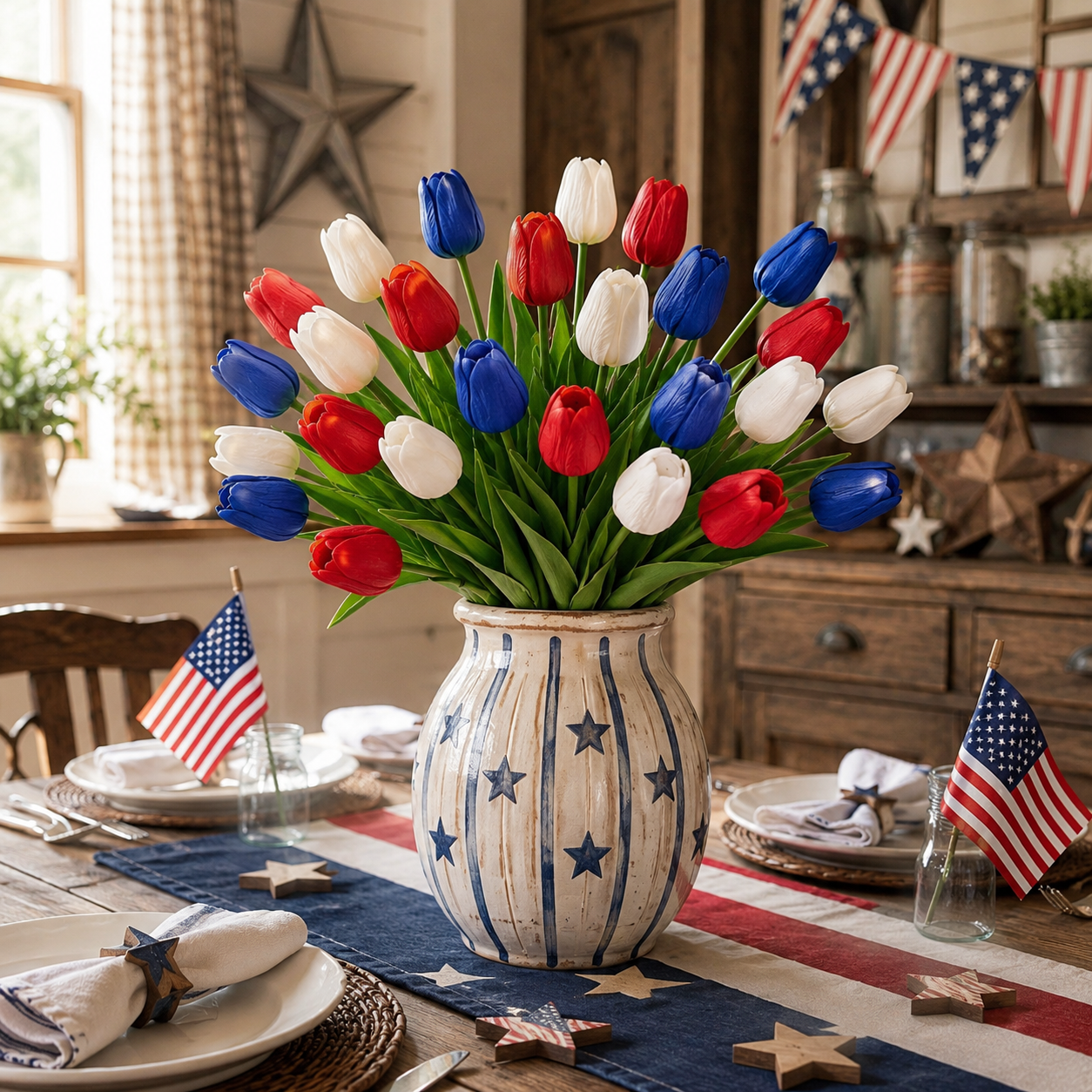 9-Piece Set – Patriotic Themed Red, White, and Blue Artificial Tulips