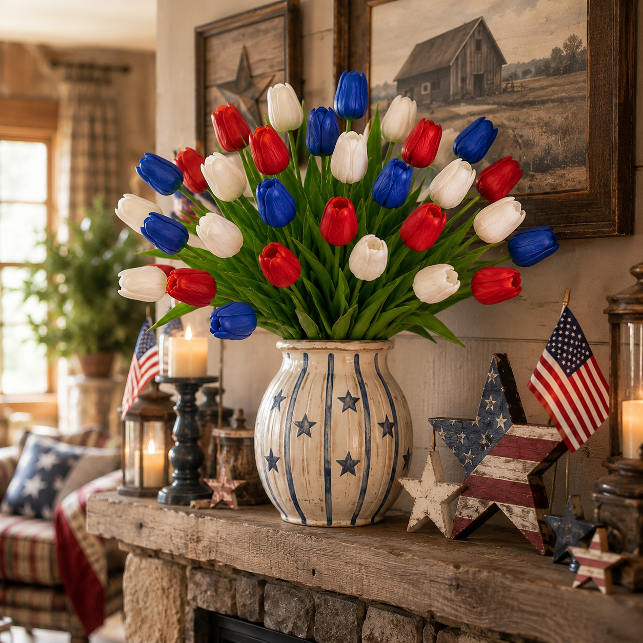9-Piece Set – Patriotic Themed Red, White, and Blue Artificial Tulips