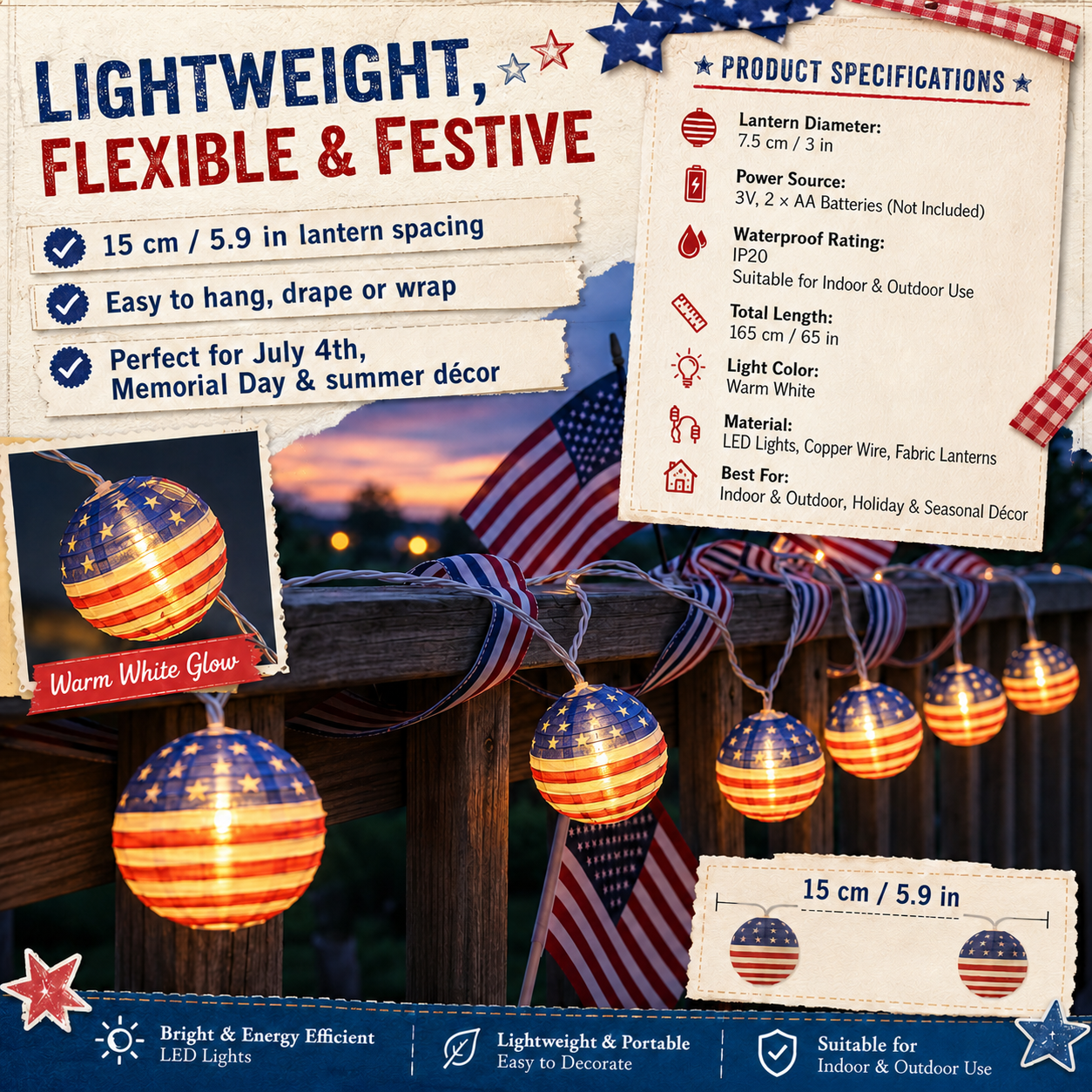 American Flag Waterproof LED String Lights