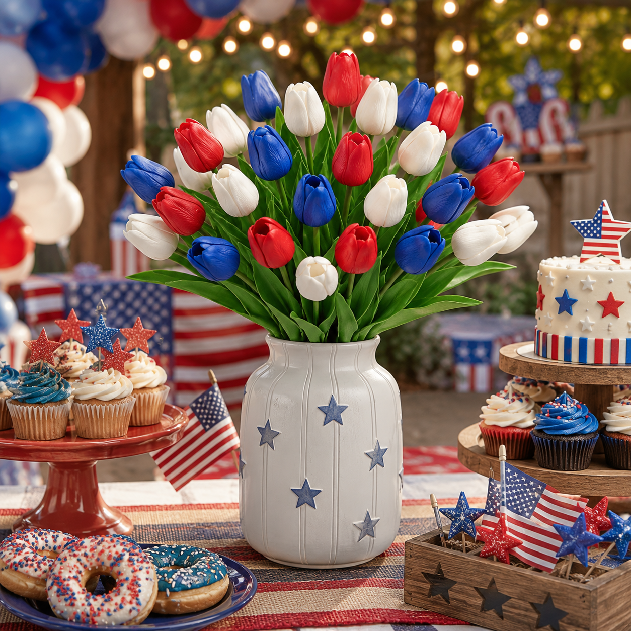 9-Piece Set – Patriotic Themed Red, White, and Blue Artificial Tulips