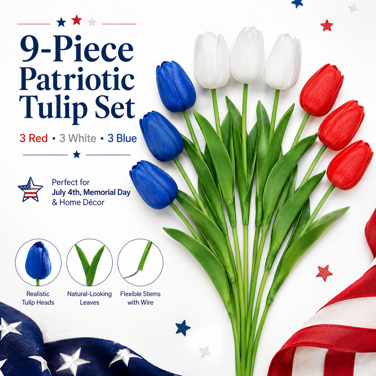 9-Piece Set – Patriotic Themed Red, White, and Blue Artificial Tulips