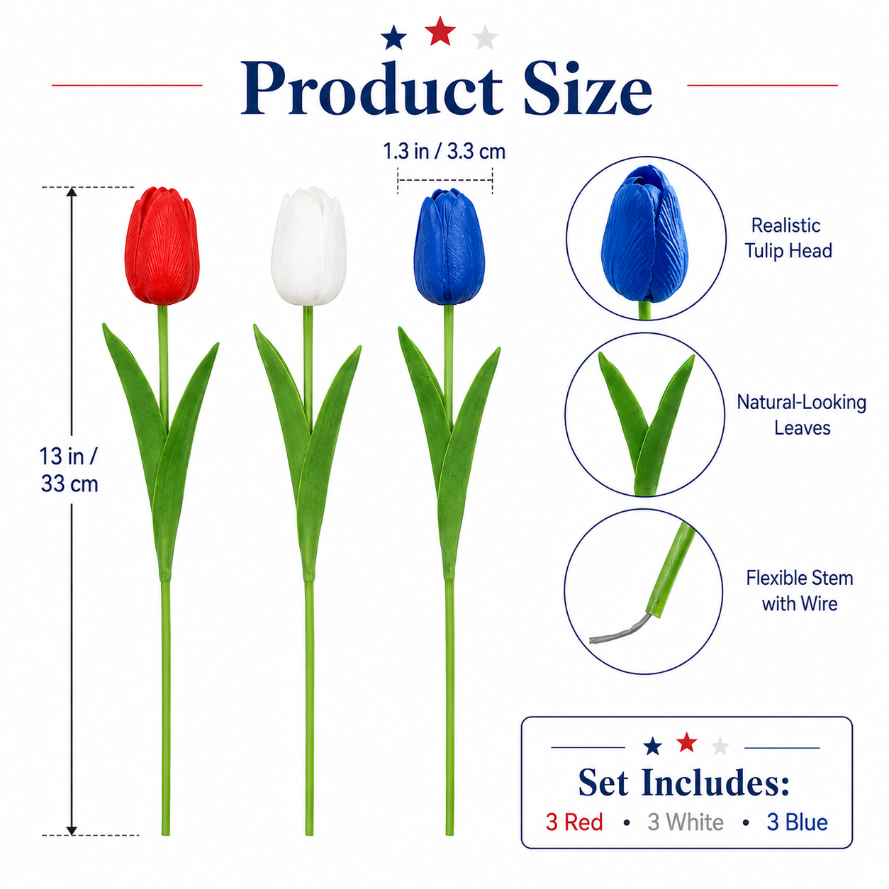 9-Piece Set – Patriotic Themed Red, White, and Blue Artificial Tulips