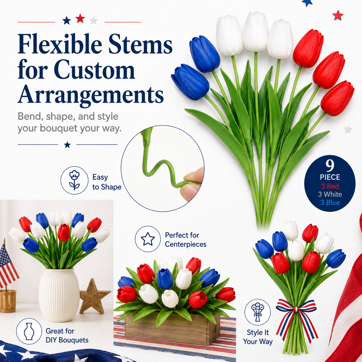9-Piece Set – Patriotic Themed Red, White, and Blue Artificial Tulips