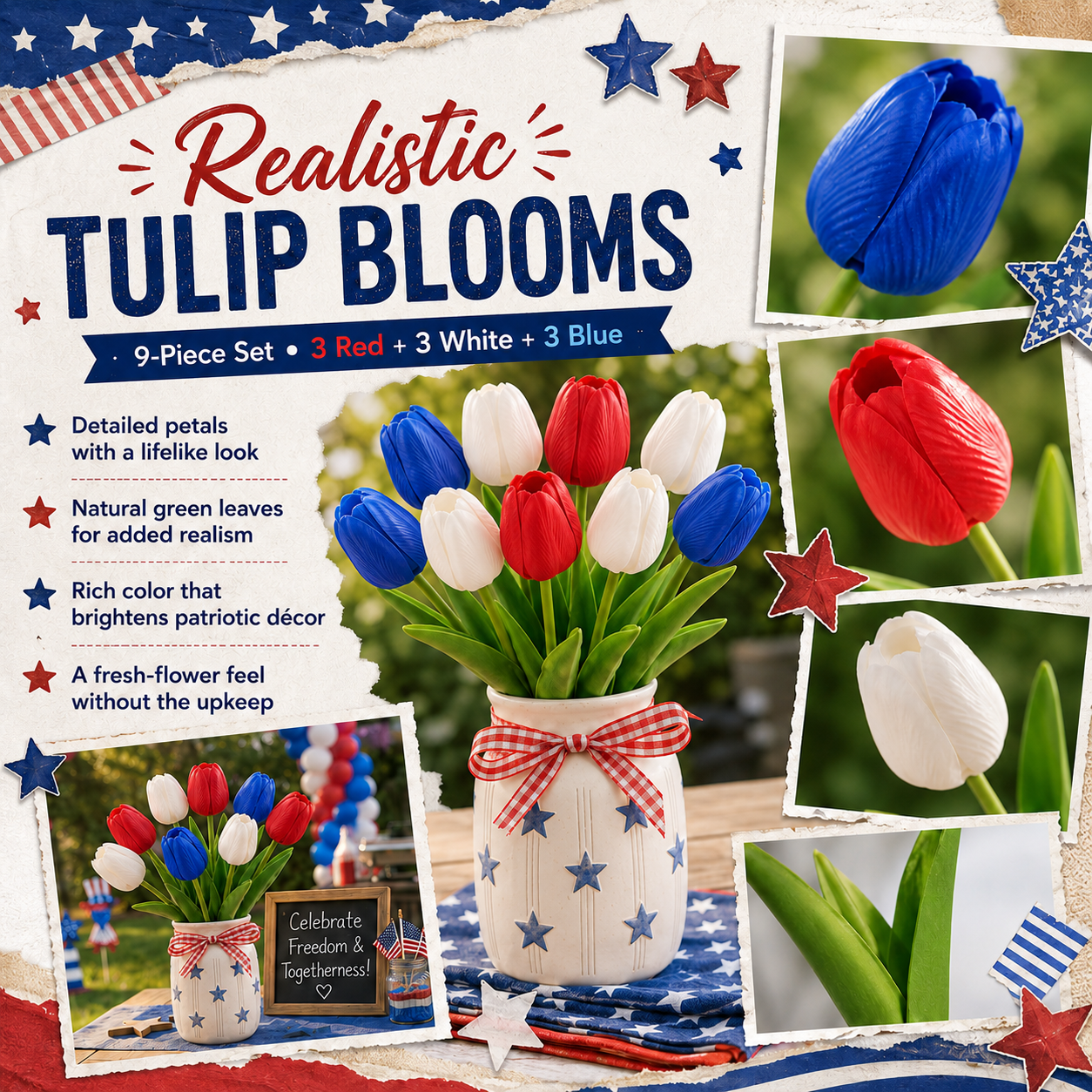 9-Piece Set – Patriotic Themed Red, White, and Blue Artificial Tulips