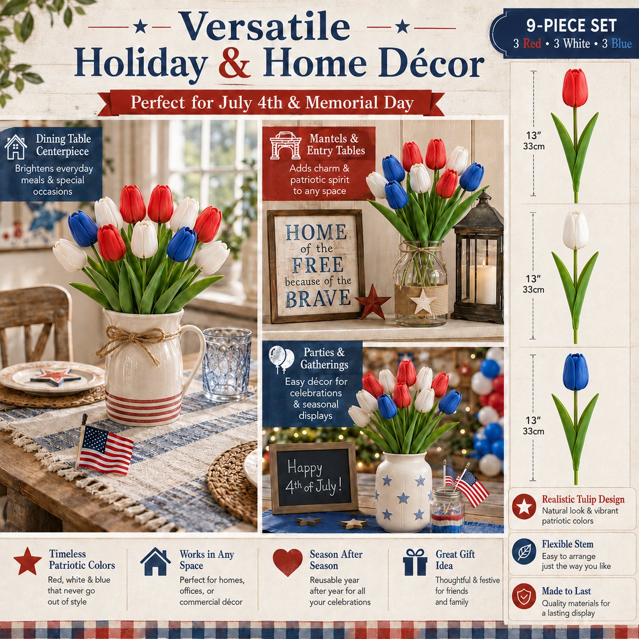 9-Piece Set – Patriotic Themed Red, White, and Blue Artificial Tulips