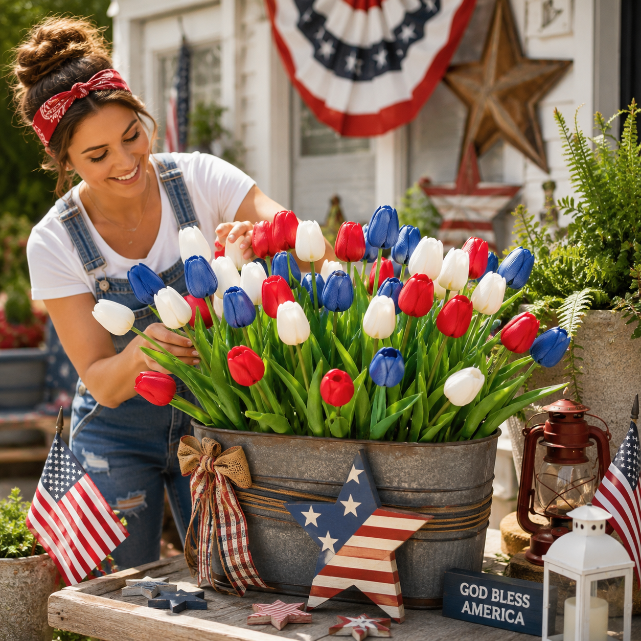 9-Piece Set – Patriotic Themed Red, White, and Blue Artificial Tulips