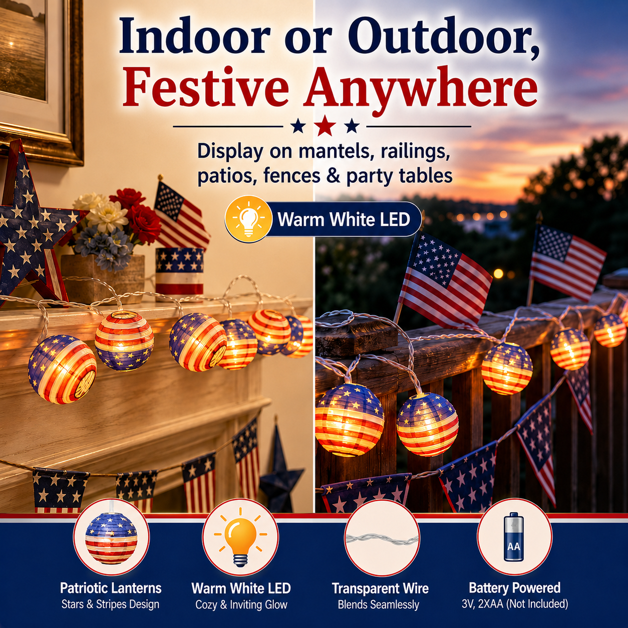 American Flag LED Lantern String Lights