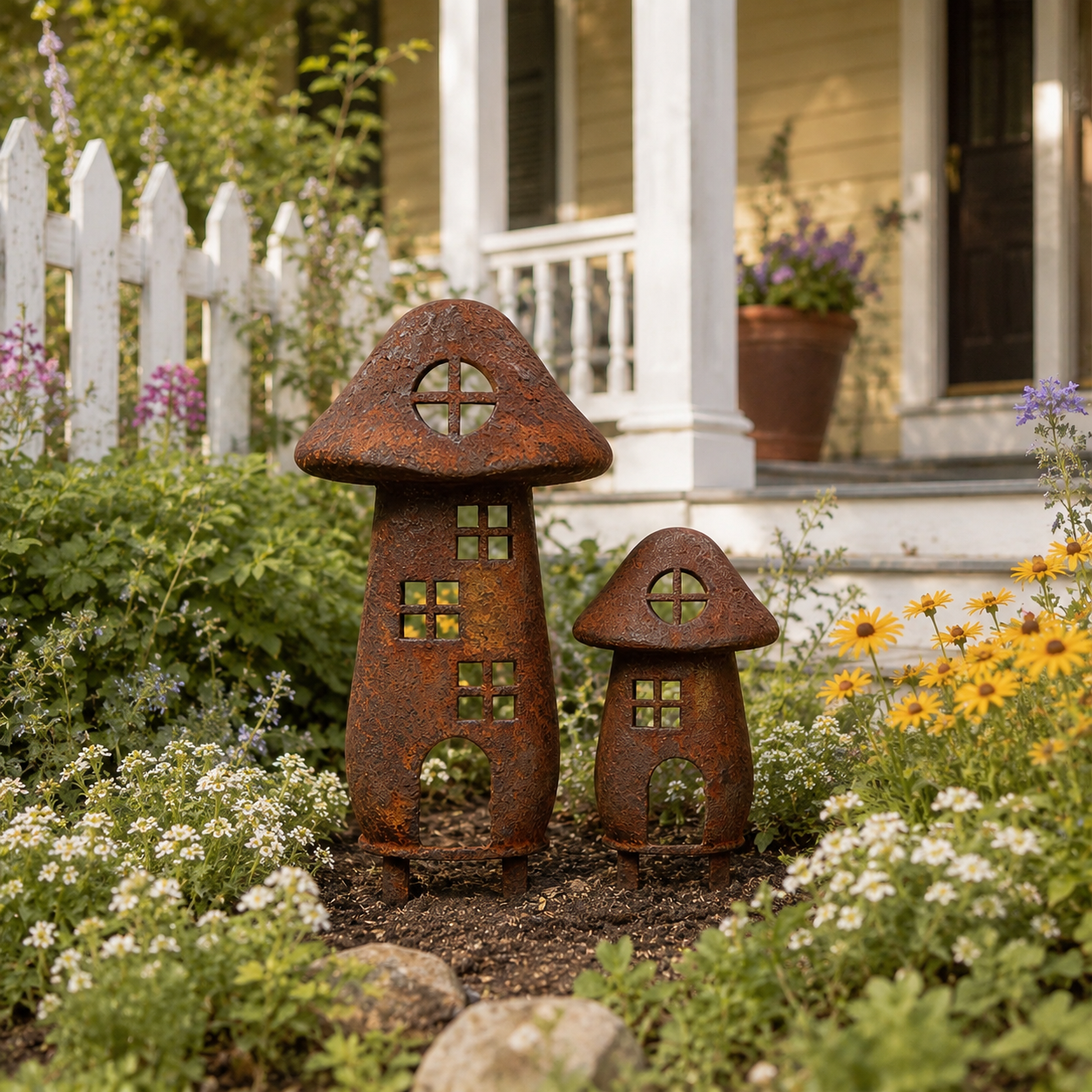 Vintage Metal Mushroom Garden Decor Set