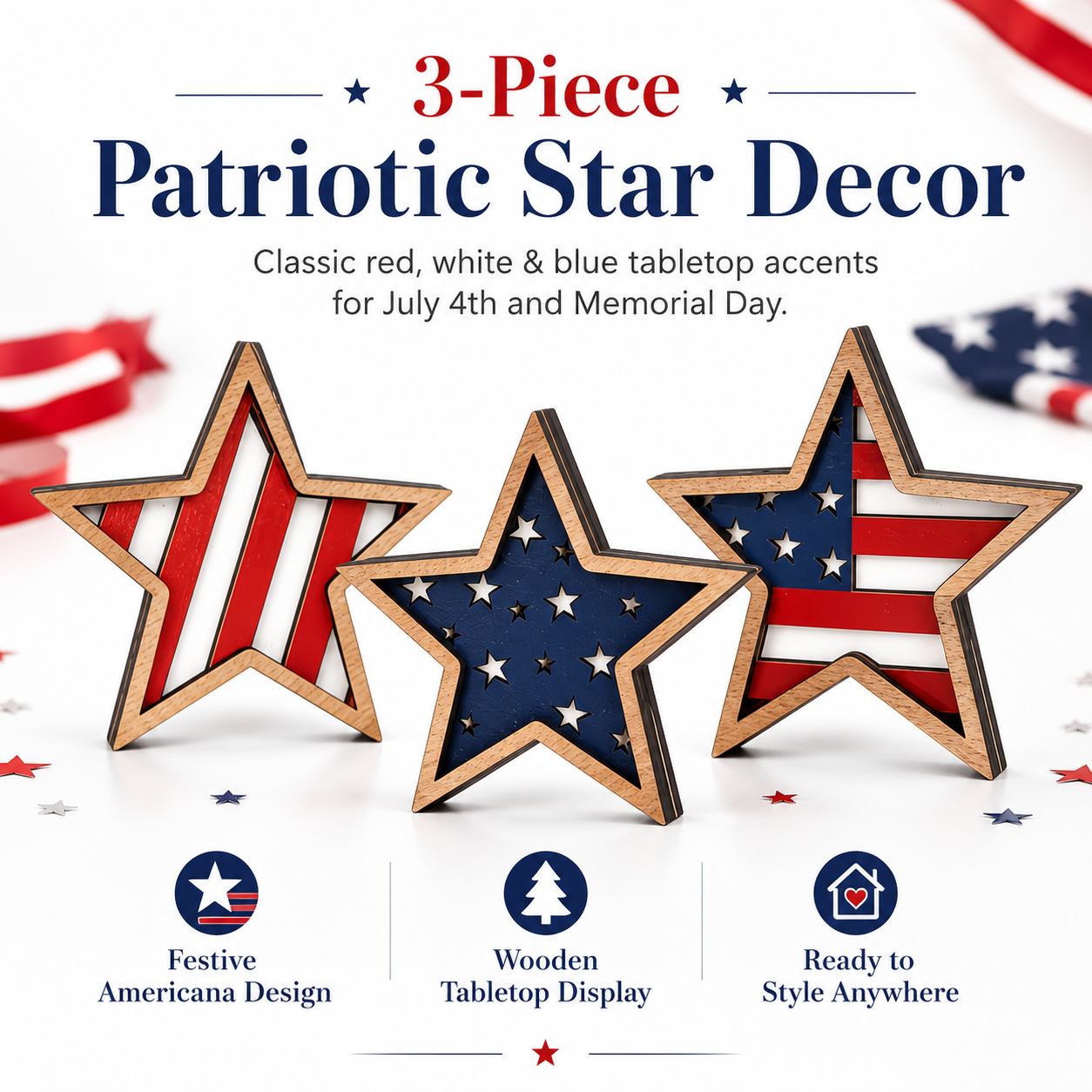 3-Piece Wooden Patriotic Star Decoration Set