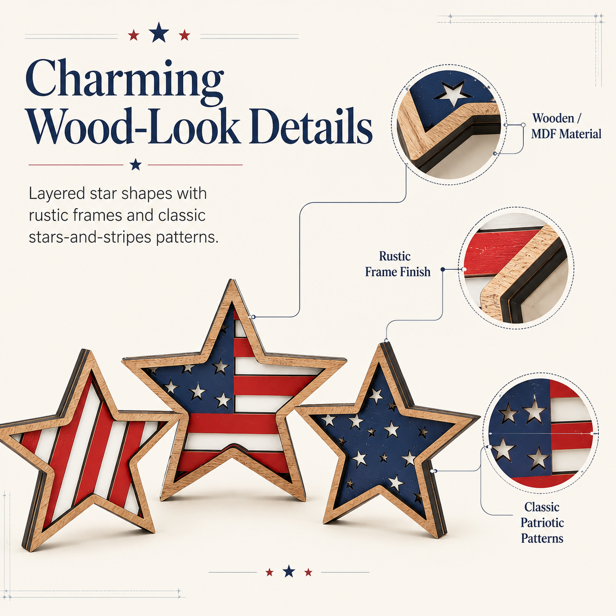 3-Piece Wooden Patriotic Star Decoration Set