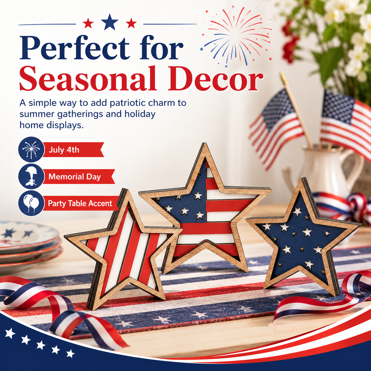 3-Piece Wooden Patriotic Star Decoration Set