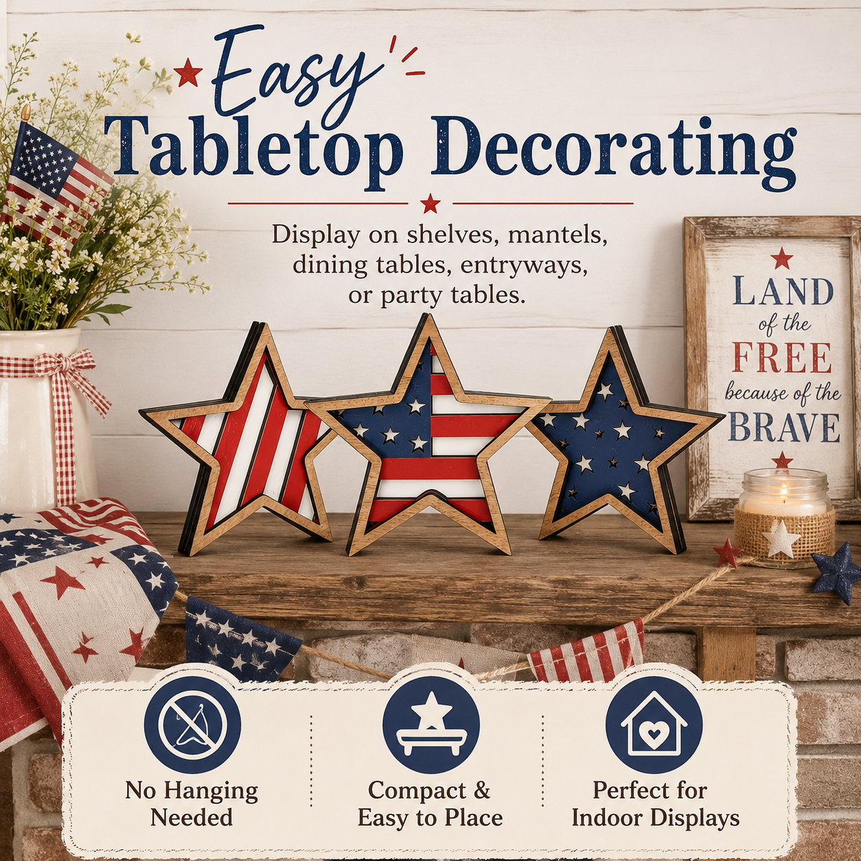 3-Piece Wooden Patriotic Star Decoration Set