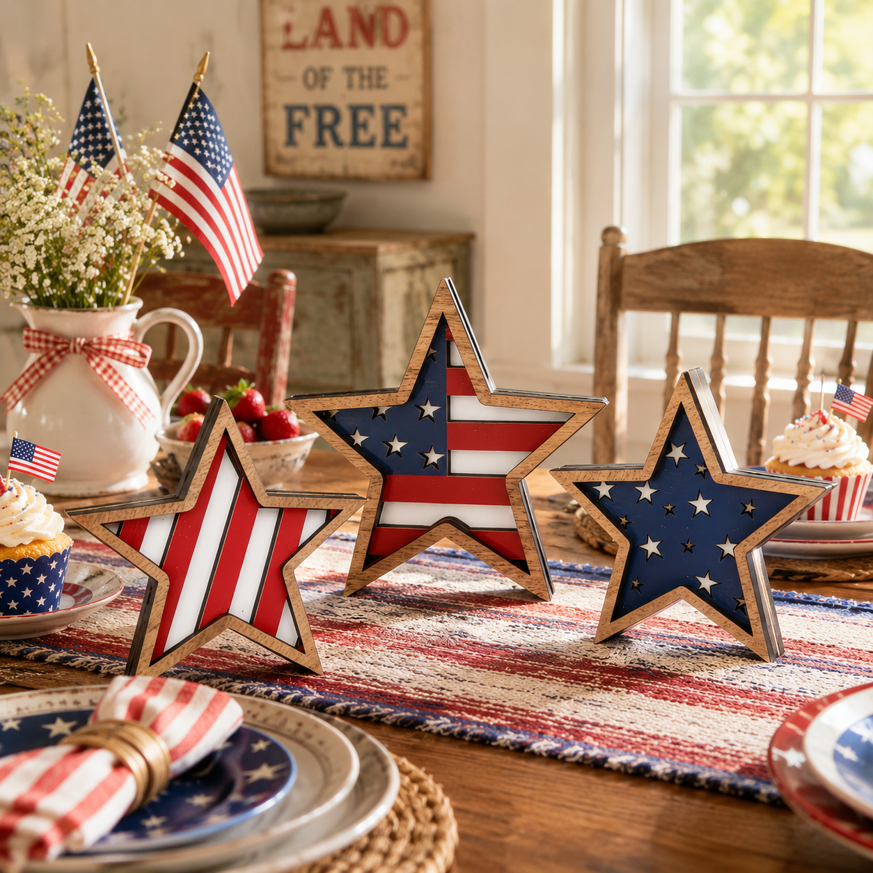 3-Piece Wooden Patriotic Star Decoration Set