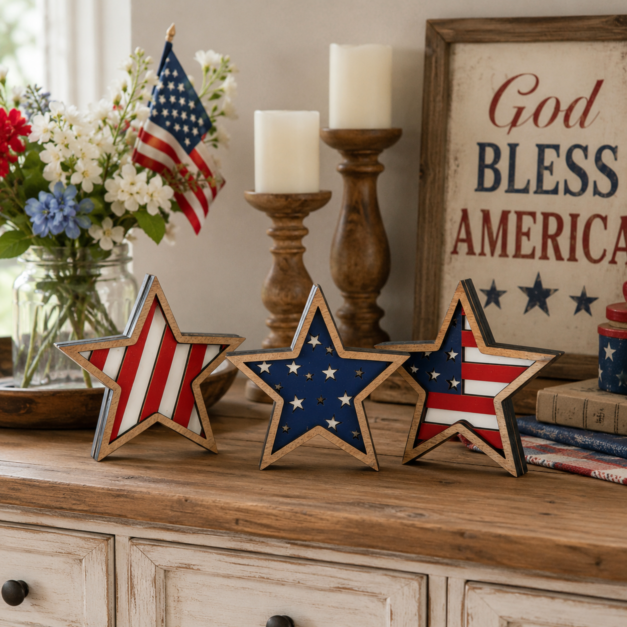 3-Piece Wooden Patriotic Star Decoration Set