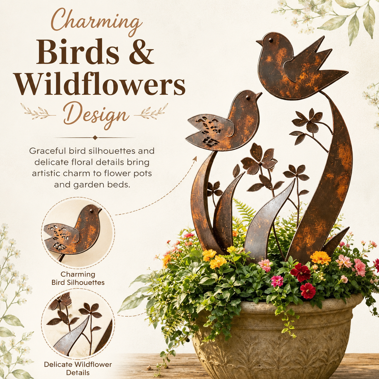 Bird and Wildflower Metal Garden Stake