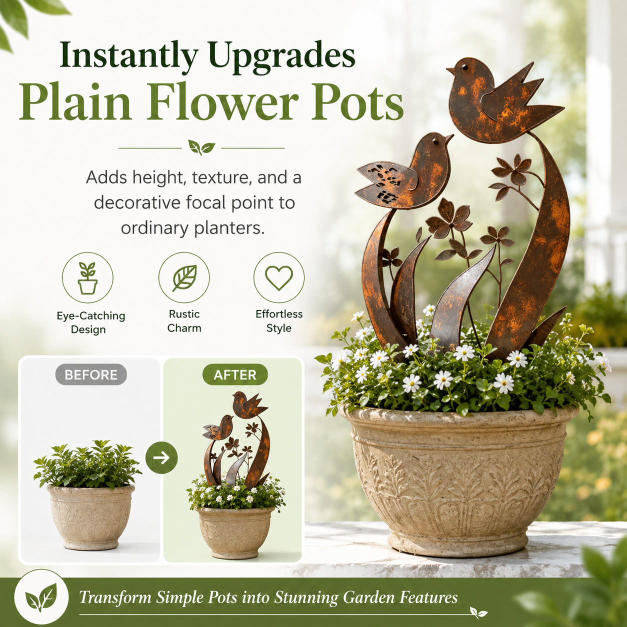 Bird and Wildflower Metal Garden Stake