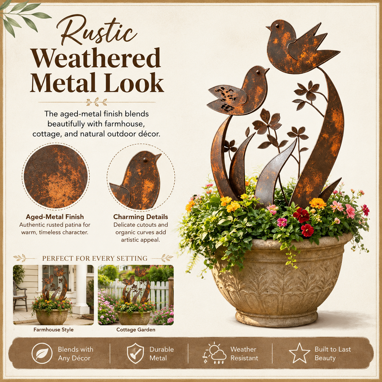 Bird and Wildflower Metal Garden Stake