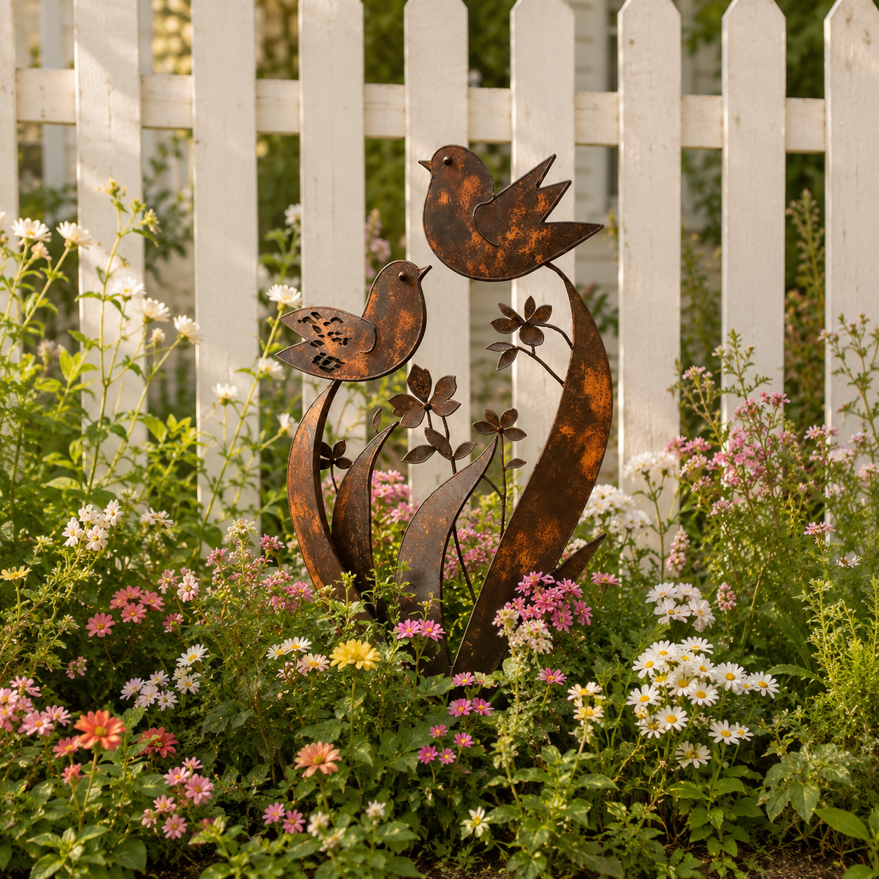 Bird and Wildflower Metal Garden Stake