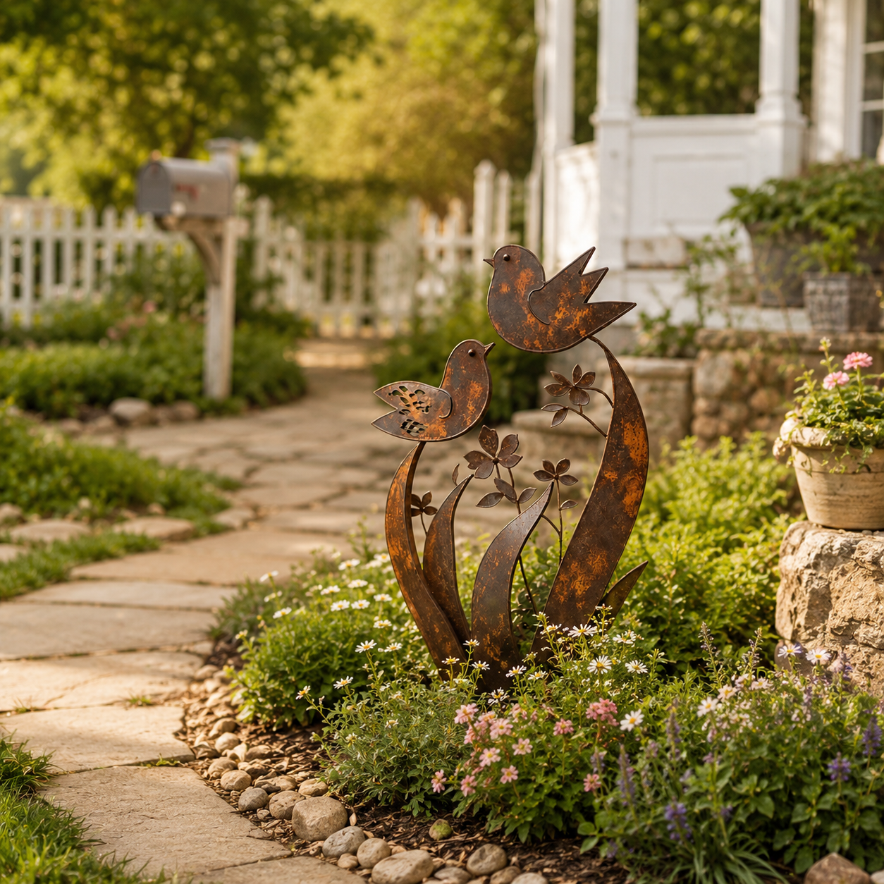 Bird and Wildflower Metal Garden Stake