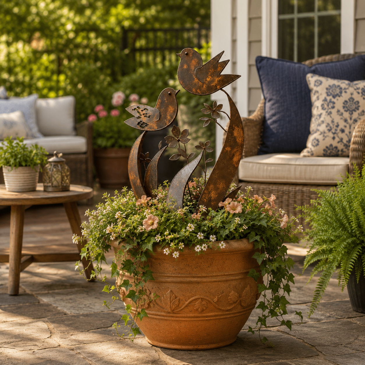 Bird and Wildflower Metal Garden Stake