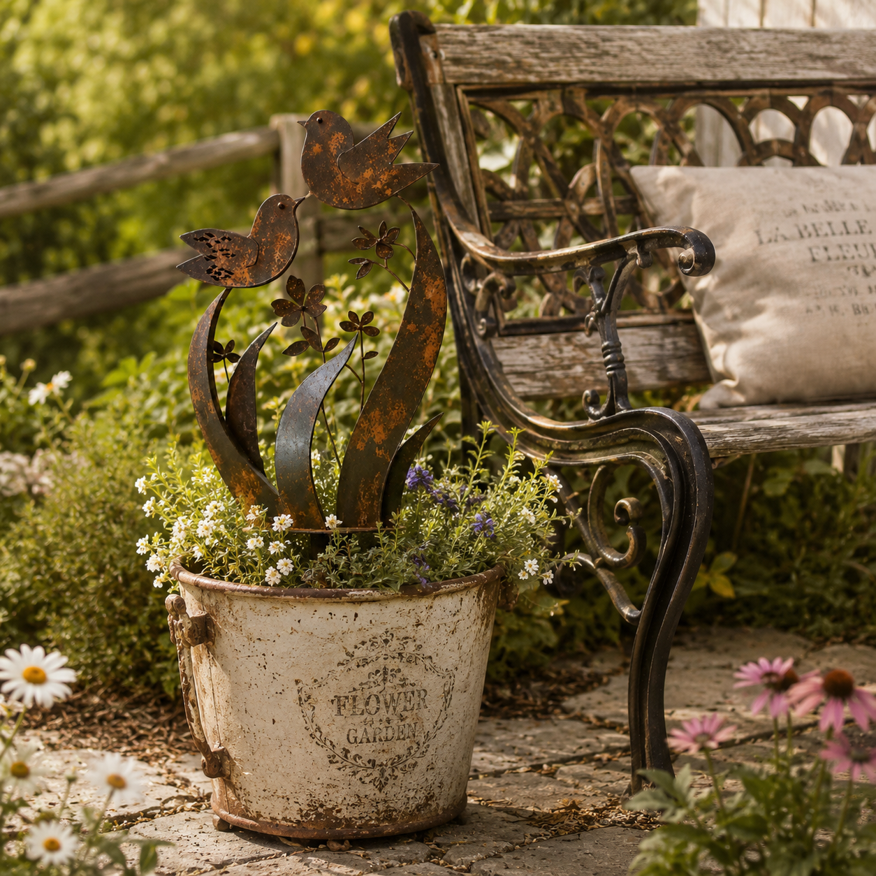 Bird and Wildflower Metal Garden Stake