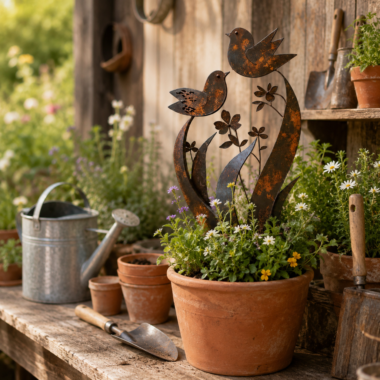 Bird and Wildflower Metal Garden Stake