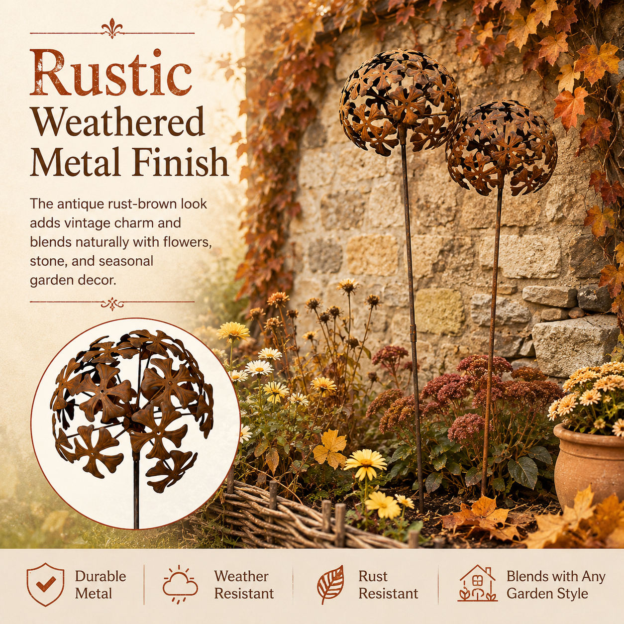 Distressed Metal Foldable Flower Sphere Garden Stake
