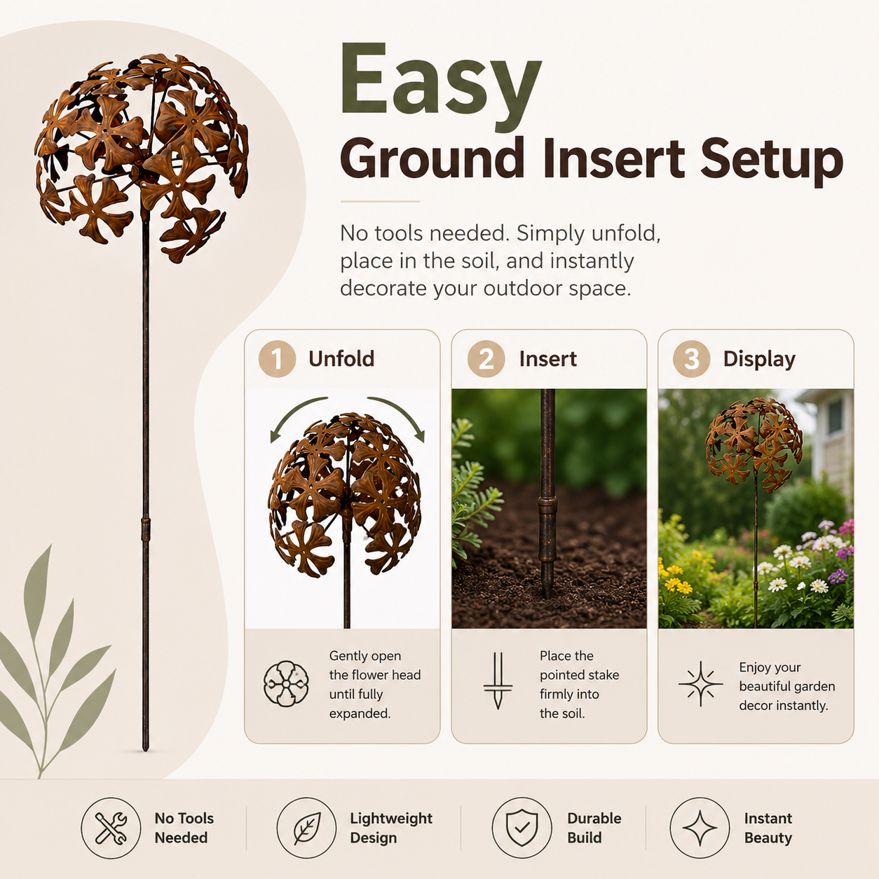 Distressed Metal Foldable Flower Sphere Garden Stake