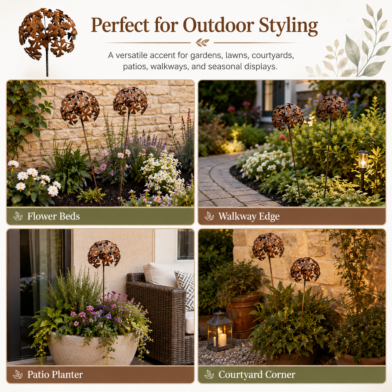 Distressed Metal Foldable Flower Sphere Garden Stake