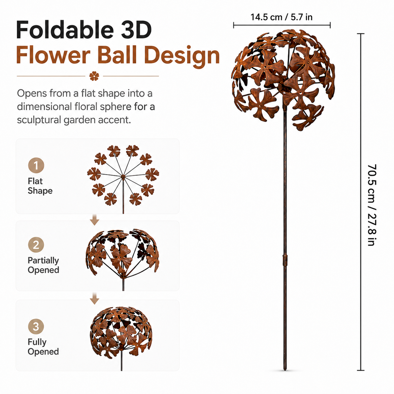 Distressed Metal Foldable Flower Sphere Garden Stake