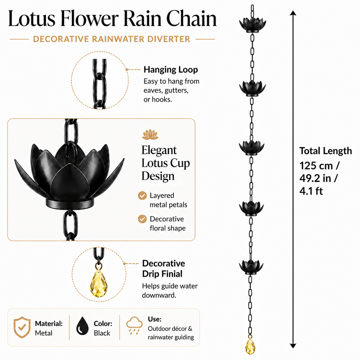 49.2-Inch Lotus Metal Rain Chain