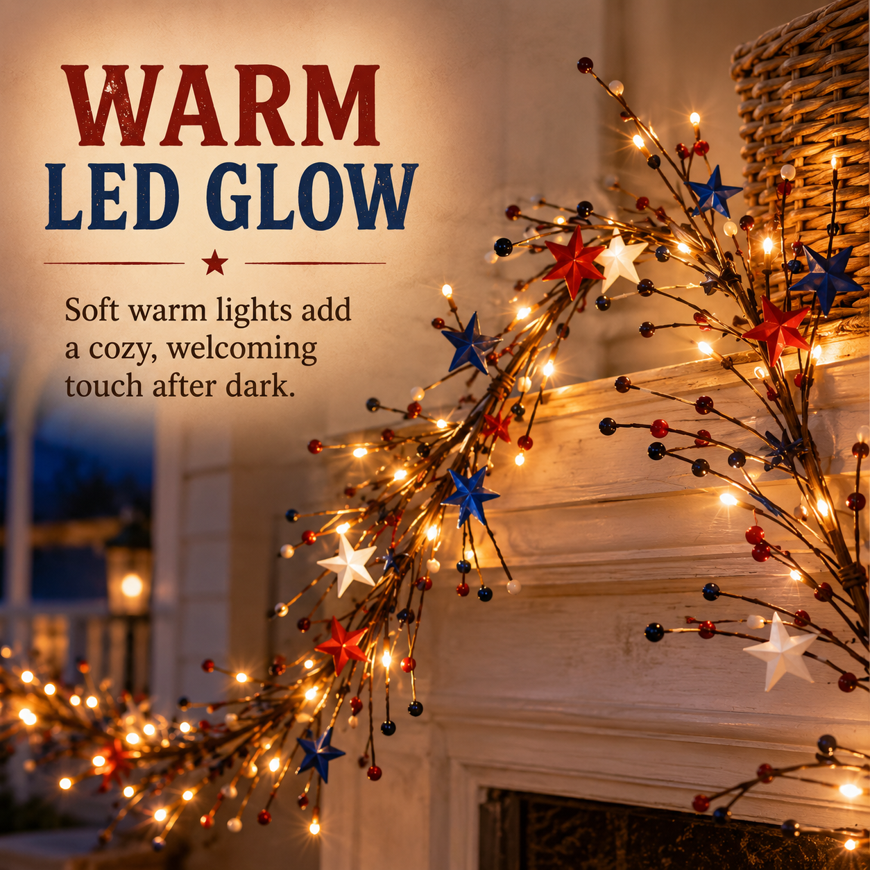 Patriotic-Themed Lighted Berry & Star Vine Garland