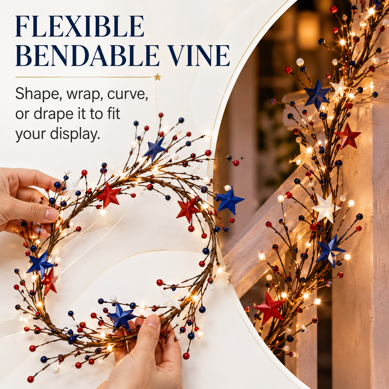 Patriotic-Themed Lighted Berry & Star Vine Garland