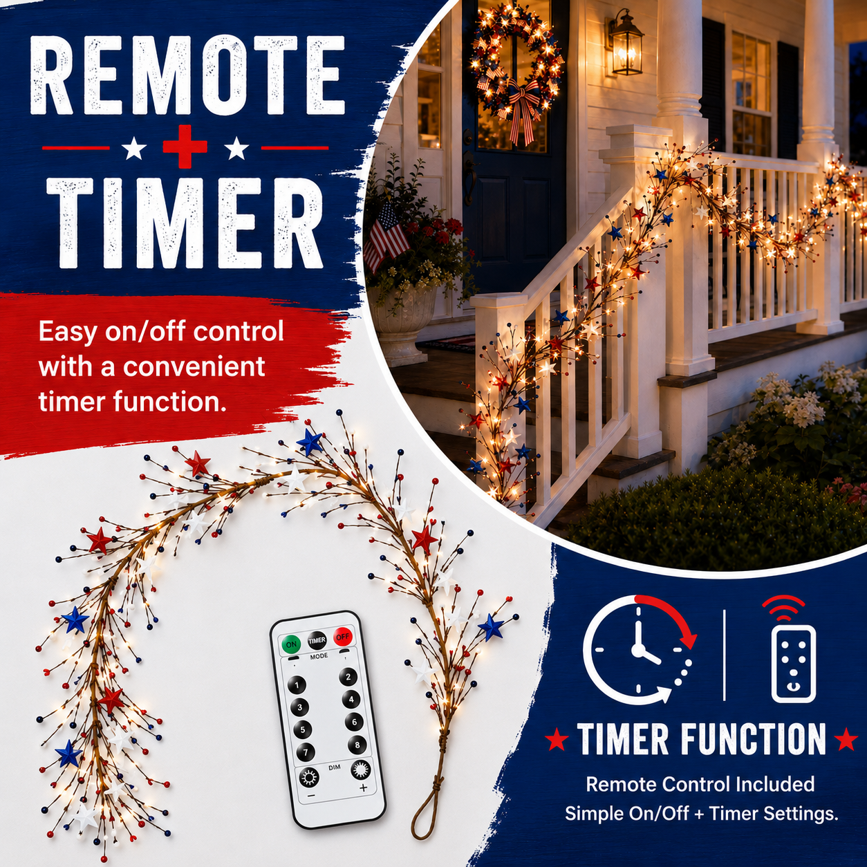 Patriotic-Themed Lighted Berry & Star Vine Garland