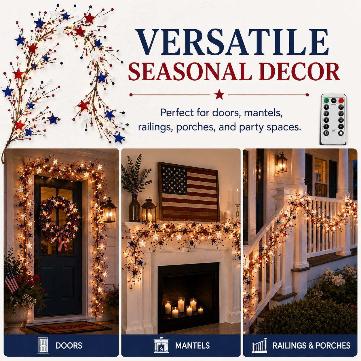 Patriotic-Themed Lighted Berry & Star Vine Garland