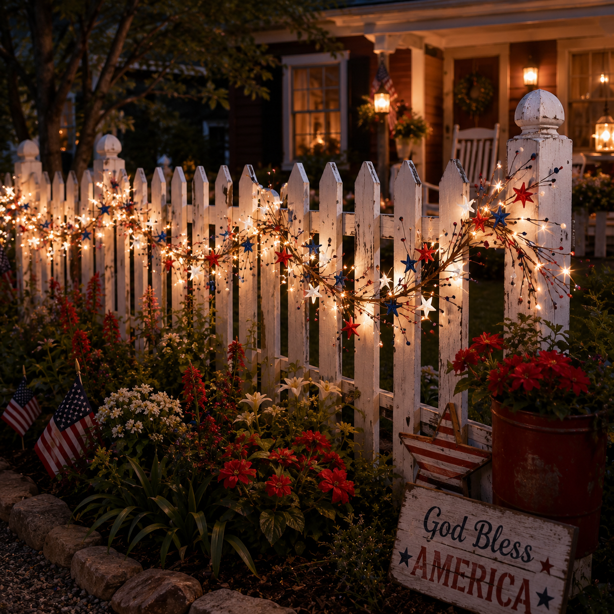 Patriotic-Themed Lighted Berry & Star Vine Garland