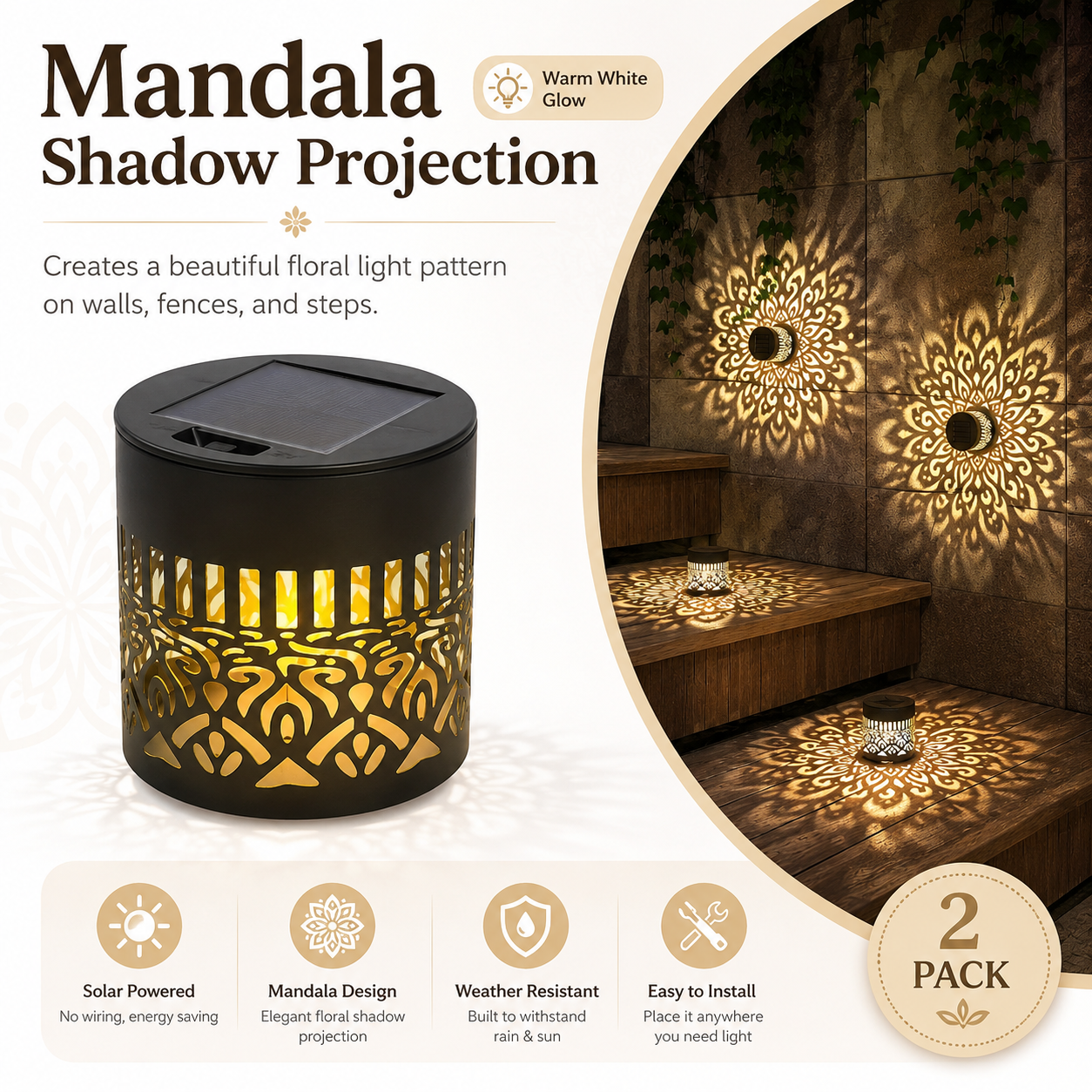 2-PCS Metal Outdoor LED Mandala Cutout Wall Lights