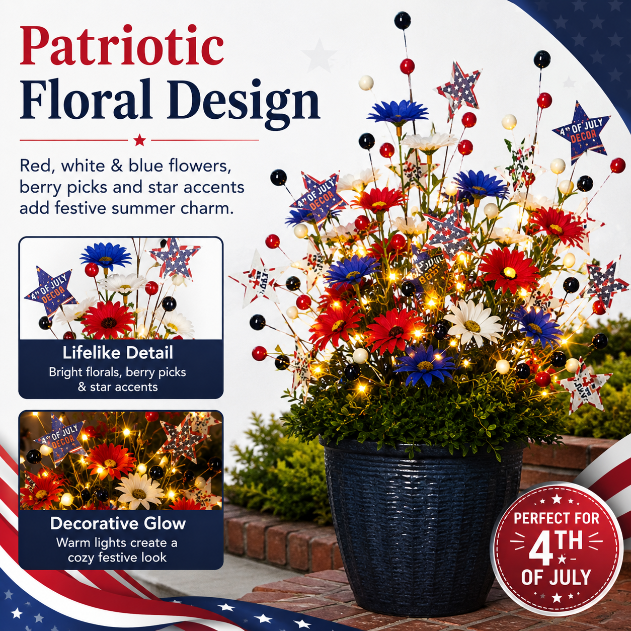6 PCS Patriotic Lighted Faux Berry & Star Flower Decorative Branches