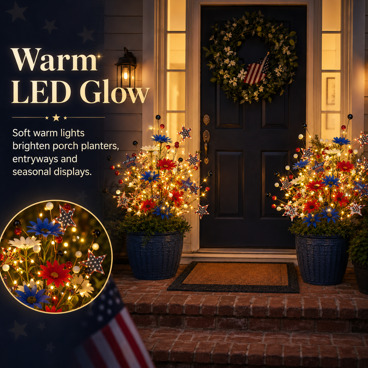 6 PCS Patriotic Lighted Faux Berry & Star Flower Decorative Branches