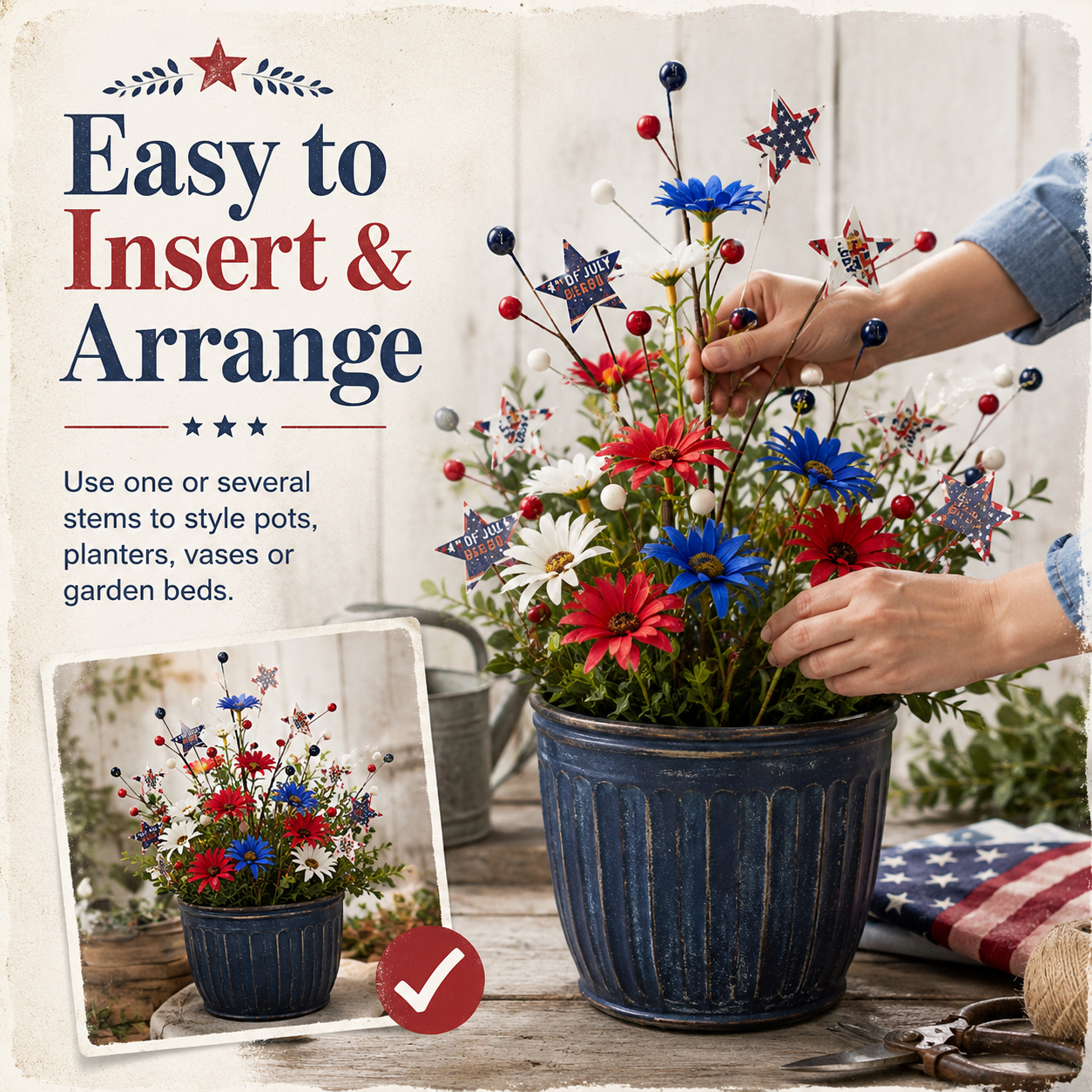 6 PCS Patriotic Lighted Faux Berry & Star Flower Decorative Branches