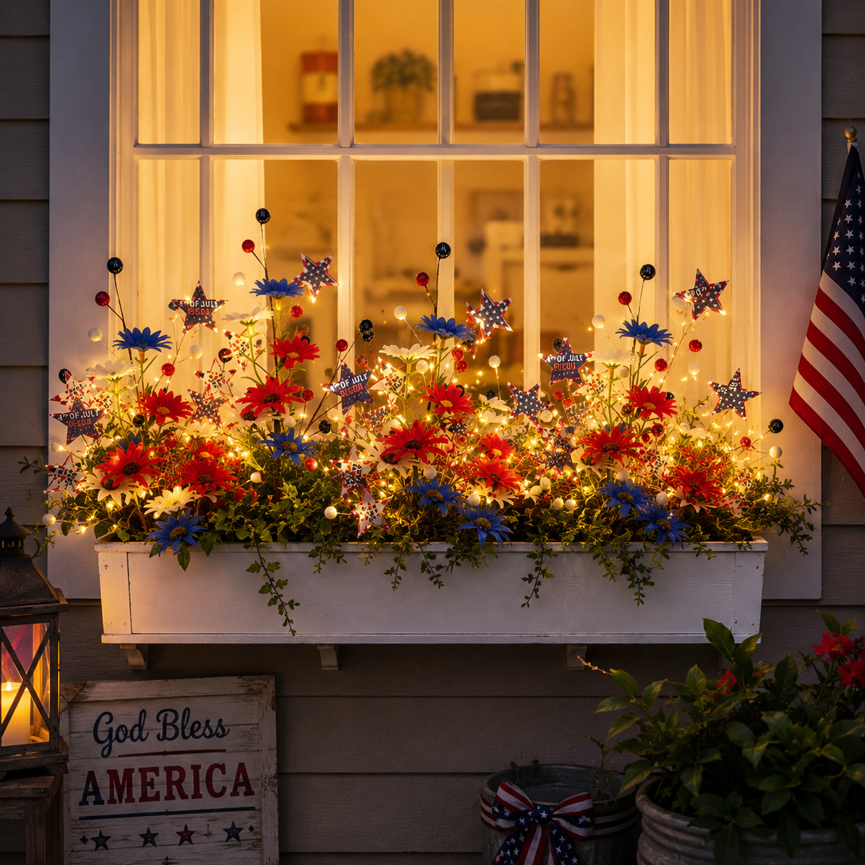 6 PCS Patriotic Lighted Faux Berry & Star Flower Decorative Branches
