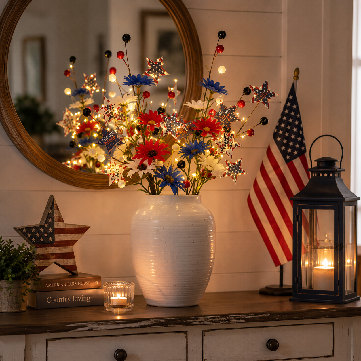 6 PCS Patriotic Lighted Faux Berry & Star Flower Decorative Branches