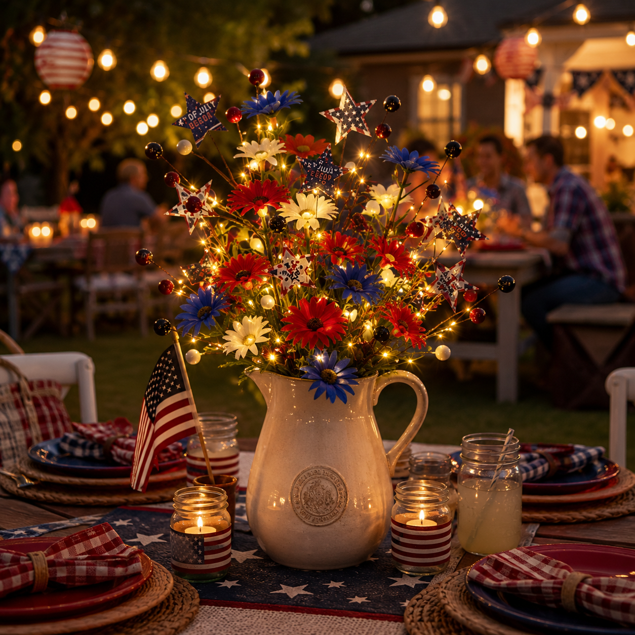 6 PCS Patriotic Lighted Faux Berry & Star Flower Decorative Branches