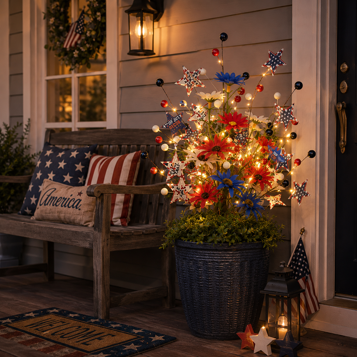 6 PCS Patriotic Lighted Faux Berry & Star Flower Decorative Branches
