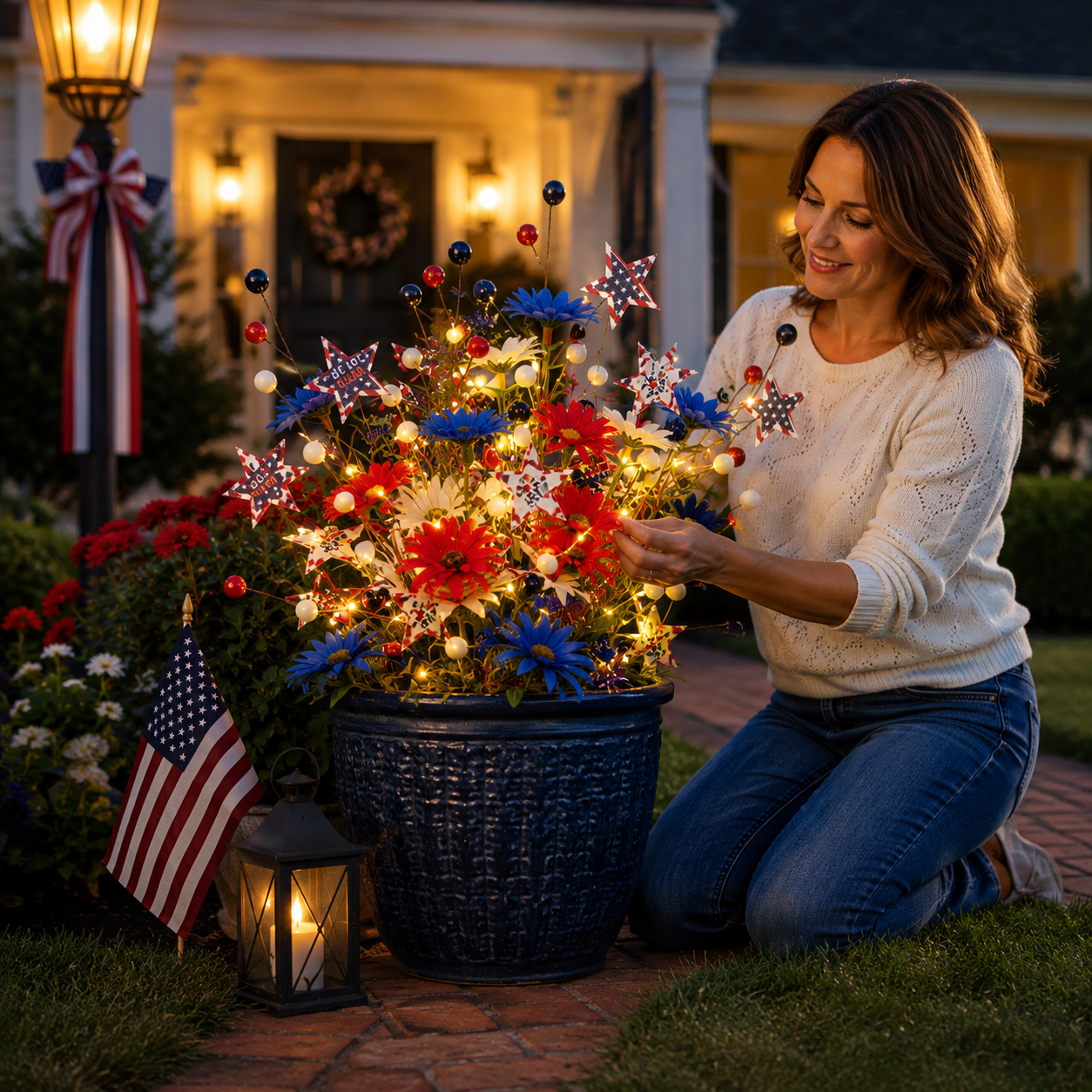 6 PCS Patriotic Lighted Faux Berry & Star Flower Decorative Branches