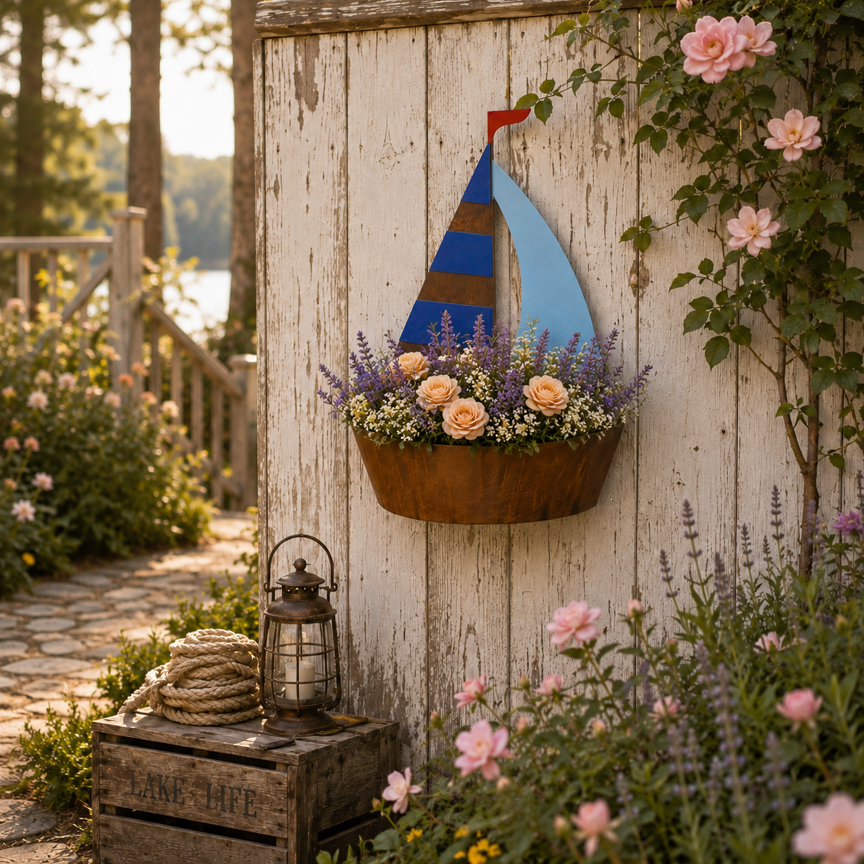 Distressed Rusty Metal Sailboat Planter