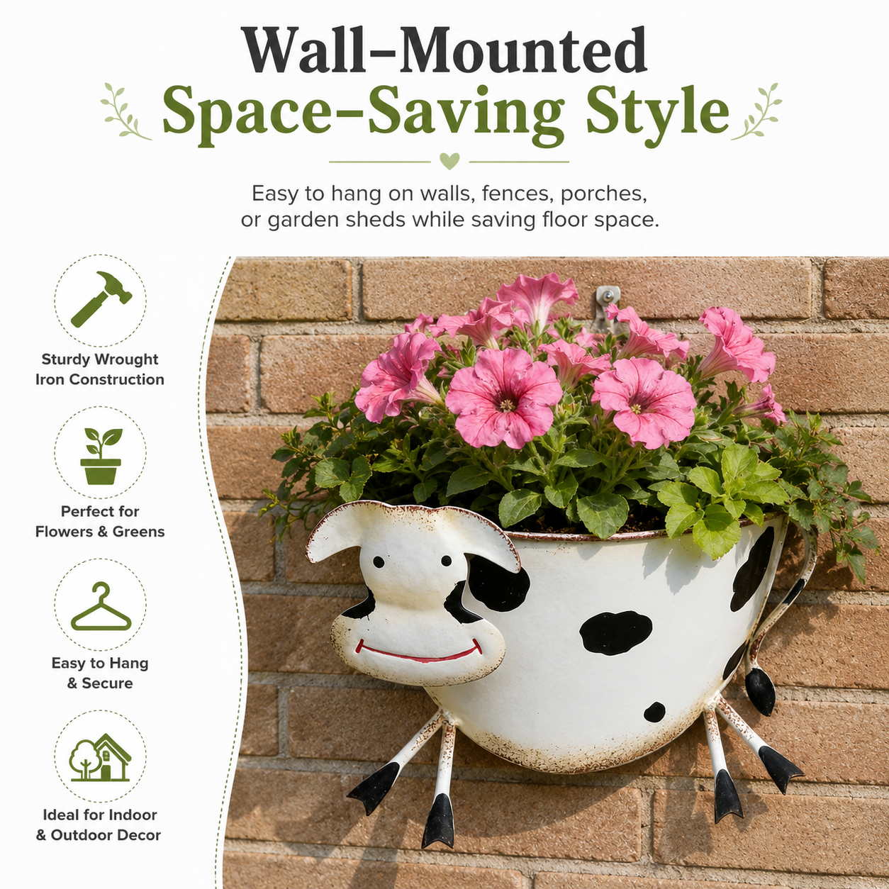 Rustic-Style Wrought Iron Cow-Shaped Wall-Mounted Planter