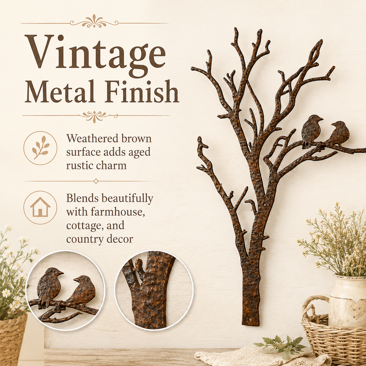 Rustic Metal Tree Branch Wall Decor with Birds