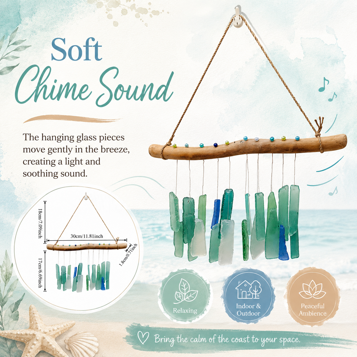 Handmade Sea Glass Driftwood Wind Chimes